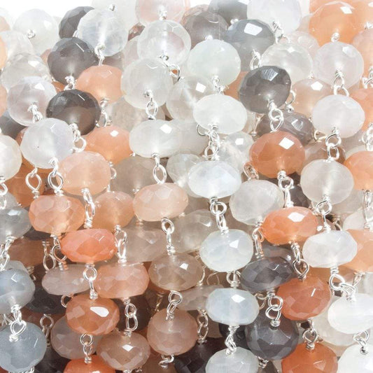 7mm Multi Moonstone faceted rondelle .925 Silver Chain 30 beads