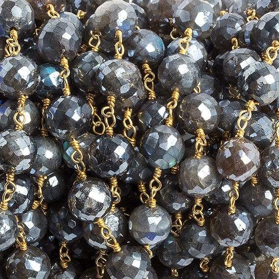 7mm Mystic Labradorite faceted round Gold Chain by the foot 24 beads