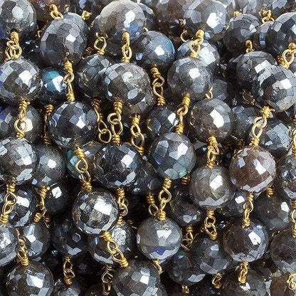 7mm Mystic Labradorite faceted round Gold Chain by the foot 24 beads