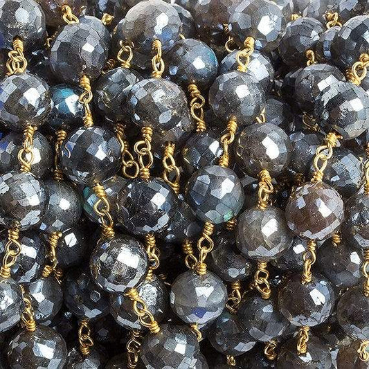 7mm Mystic Labradorite faceted round Gold Chain by the foot 24 beads