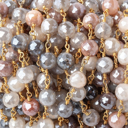 7mm Mystic Multi Color Moonstone Faceted Rounds on Gold plated Chain
