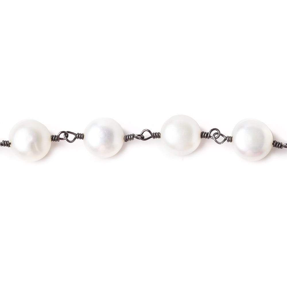 7mm Off White Button Freshwater Pearl Black Gold Plated Chain by the foot