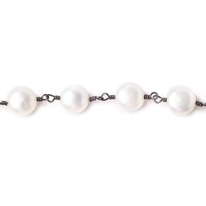 7mm Off White Button Freshwater Pearl Black Gold Plated Chain by the foot