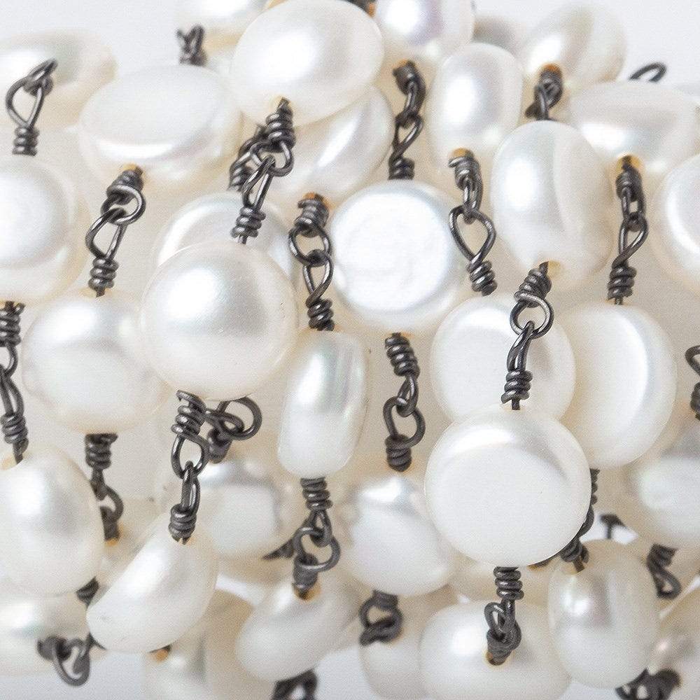 7mm Off White Button Freshwater Pearl Black Gold Plated Chain by the foot