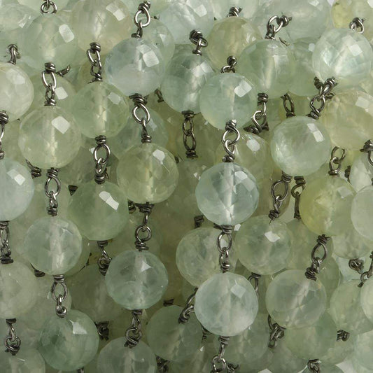 7mm Prehnite faceted round Black Gold .925 Silver Chain by the foot 24 pieces