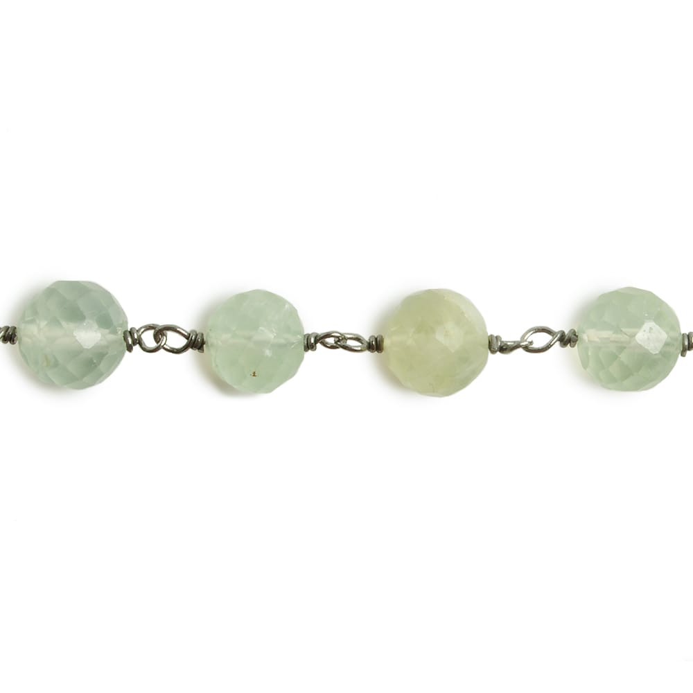 7mm Prehnite faceted round Black Gold .925 Silver Chain by the foot 24 pieces