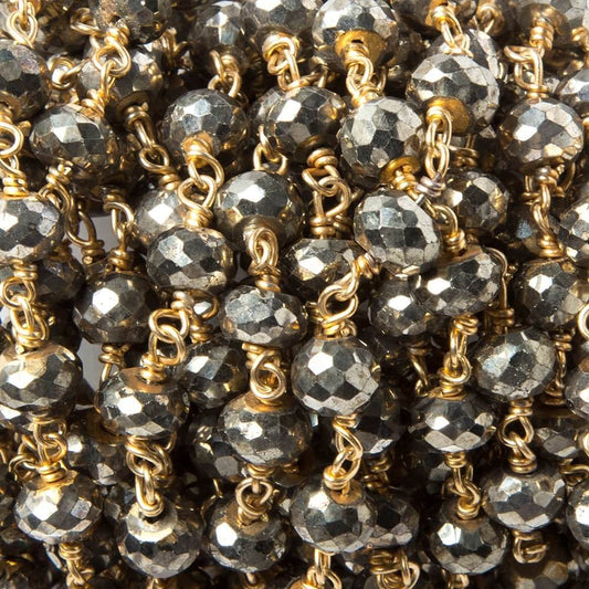 7mm Pyrite faceted rondelle 22kt Gold Chain by the foot 24 pieces