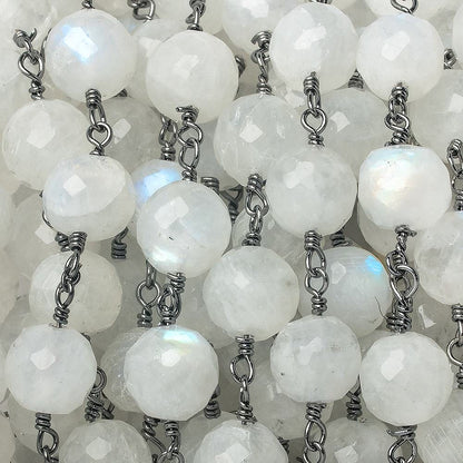 7mm Rainbow Moonstone faceted round Black Gold Chain by the foot 23 pieces