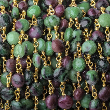 7mm Ruby in Zoisite plain coin Vermeil Chain by the foot