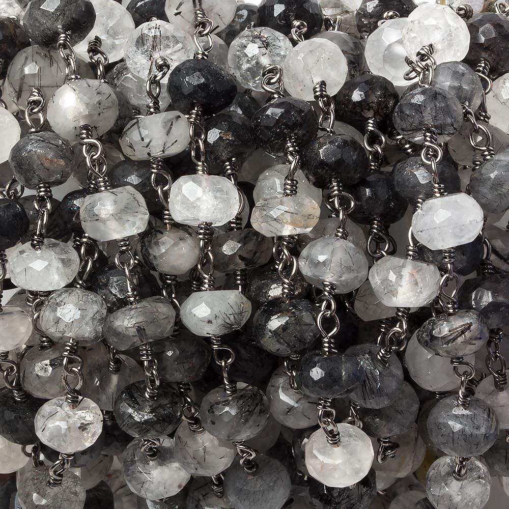 7mm Tourmalinated Quartz faceted rondelle Black Gold Chain by the foot 30 pieces