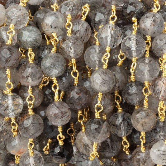 7mm Tourmalinated Quartz Faceted Rounds on Gold Plated Chain