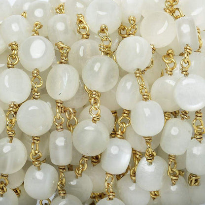 7mm White Moonstone puffy plain coin Black Gold .925 Silver Chain by the foot 23 pcs AA