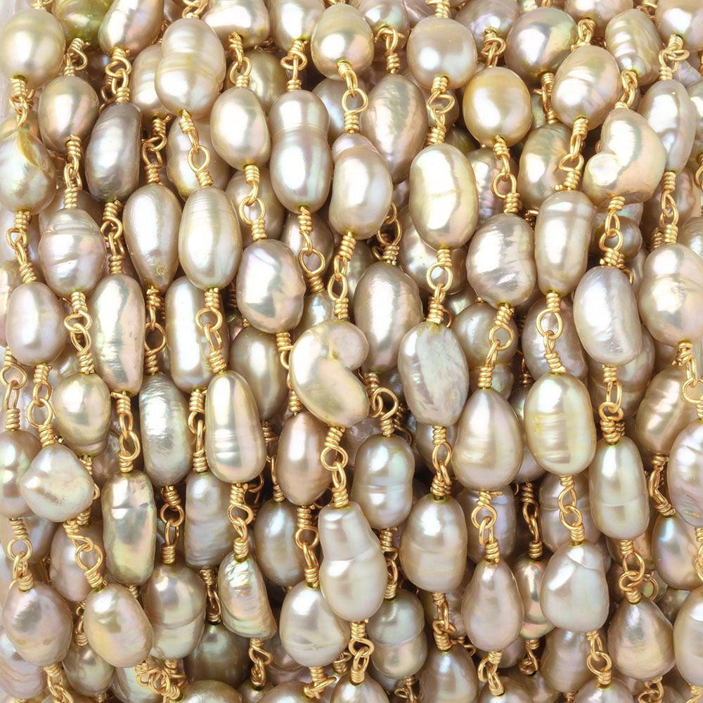 7x5-8x5mm Sage Green Baroque Pearls on Gold Plated Chain
