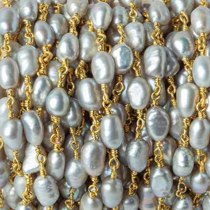 7x5-8x6mm Silver straight drill Baroque Freshwater Pearl Gold plated Chain