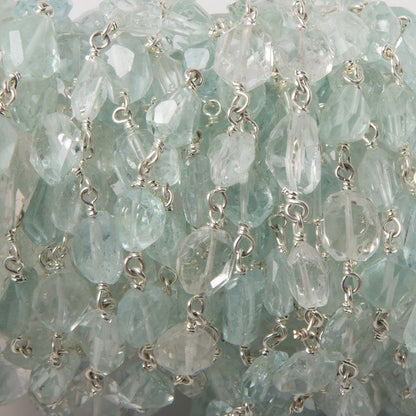 7x5-9x7mm Aquamarine & White Beryl faceted nugget Sterling Silver Chain