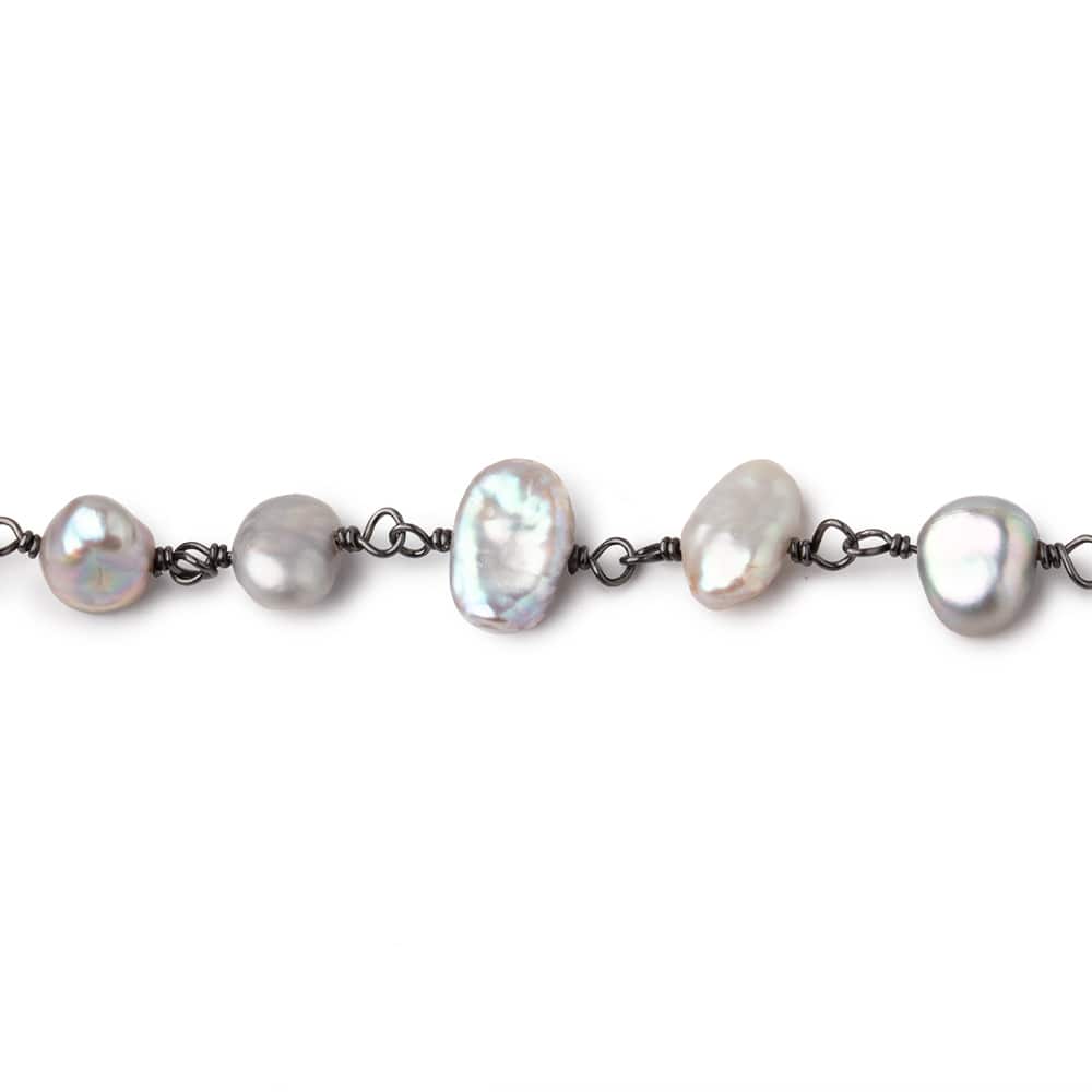 7x5-9x7mm Silver Keshi Pearls on Black Gold over .925 Silver Chain