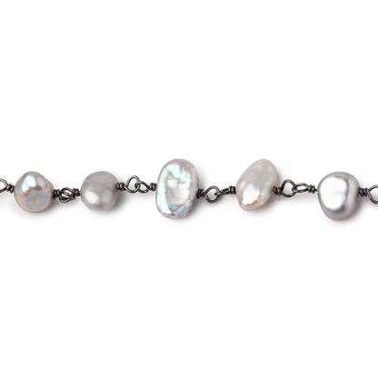 7x5-9x7mm Silver Keshi Pearls on Black Gold over .925 Silver Chain