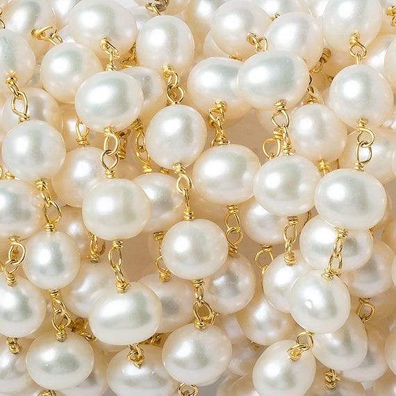 7x5mm Off White Freshwater Pearl Gold plated Chain by the foot 30 beads