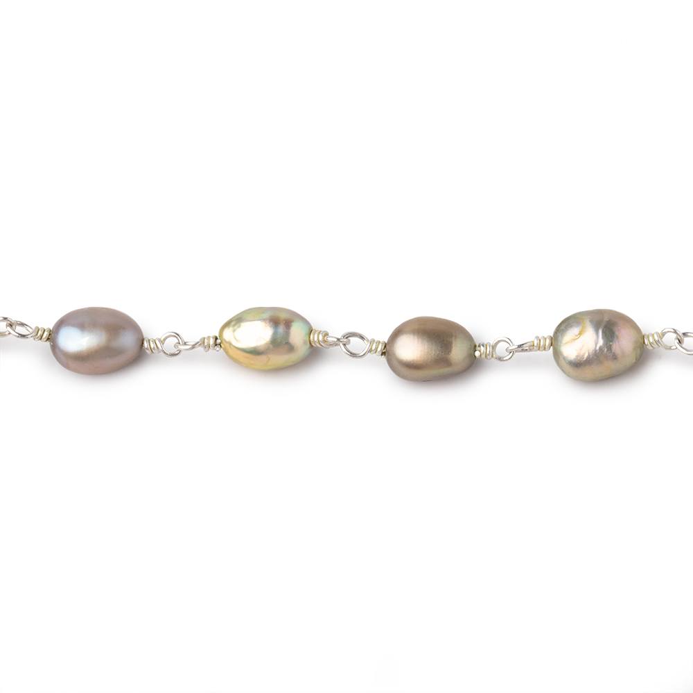 7x5mm Sage Straight Drill Baroque Pearls on Silver Plated Chain