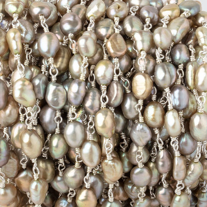 7x5mm Sage Straight Drill Baroque Pearls on Silver Plated Chain