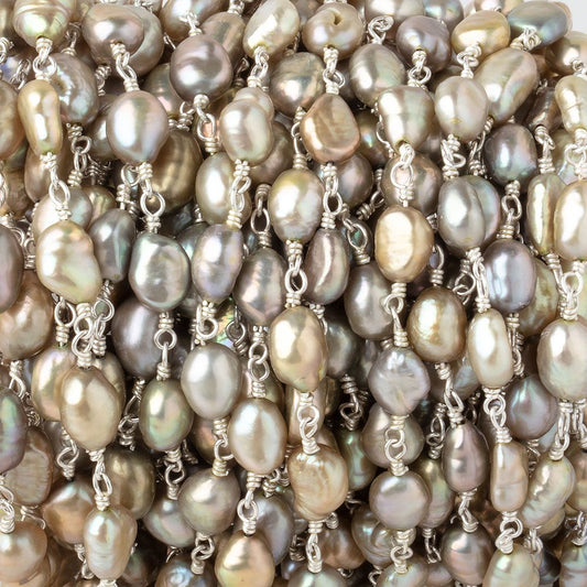 7x5mm Sage Straight Drill Baroque Pearls on Silver Plated Chain