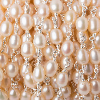 7x5mm Salmon Pink Oval Freshwater Pearl .925 Silver Chain by the foot 25 pearls
