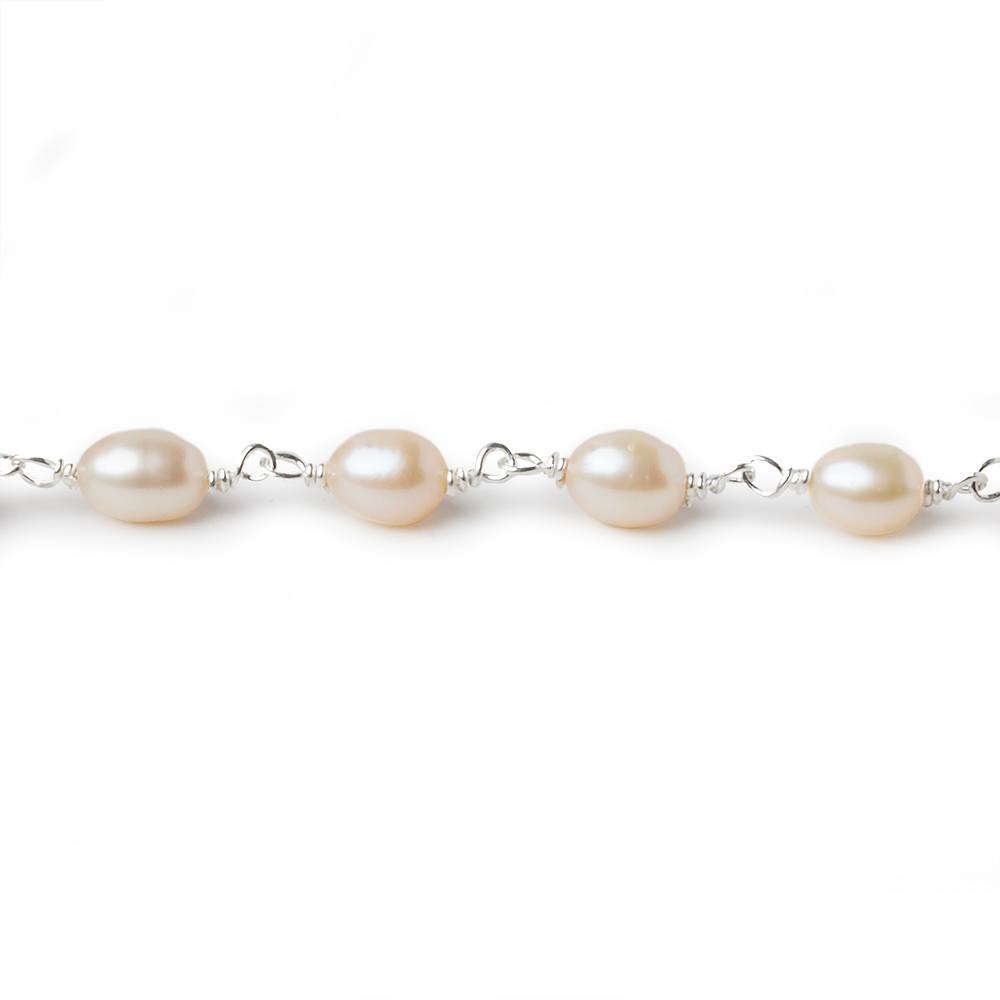 7x5mm Salmon Pink Oval Freshwater Pearl .925 Silver Chain by the foot 25 pearls