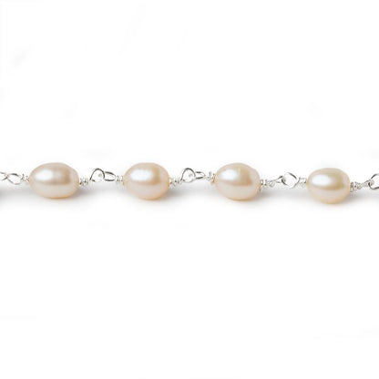 7x5mm Salmon Pink Oval Freshwater Pearl .925 Silver Chain by the foot 25 pearls