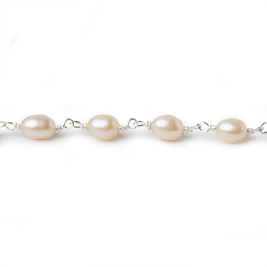 7x5mm Salmon Pink Oval Freshwater Pearl .925 Silver Chain by the foot 25 pearls