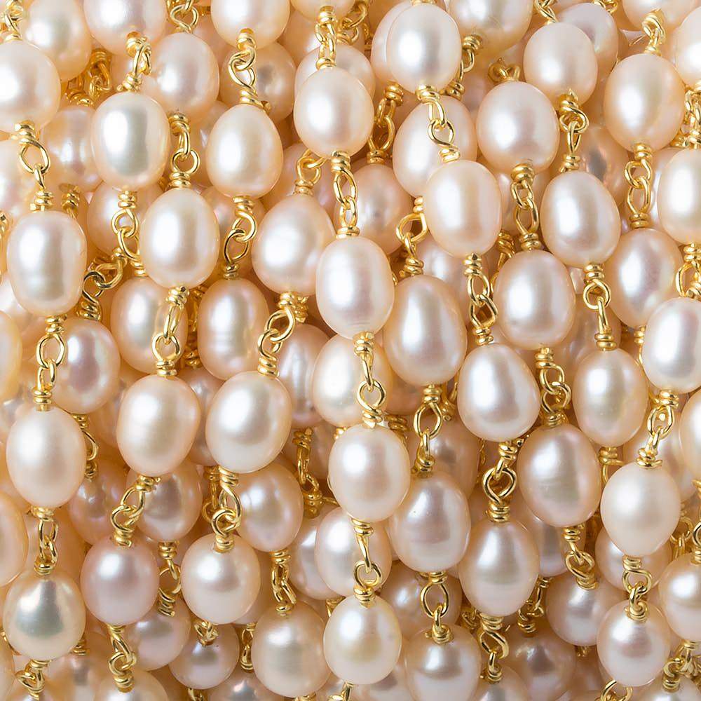 7x5mm Salmon Pink Oval Freshwater Pearl Vermeil Chain by the foot 25 pearls