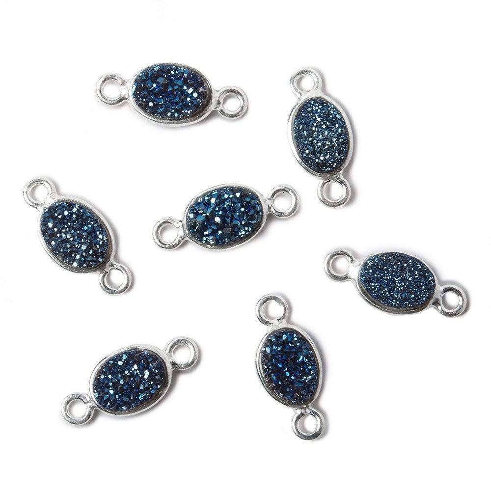 7x5mm Silver .925 Bezel Mystic Aegean Blue Drusy Oval Connector 1 piece
