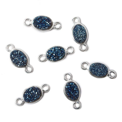 7x5mm Silver .925 Bezel Mystic Aegean Blue Drusy Oval Connector 1 piece
