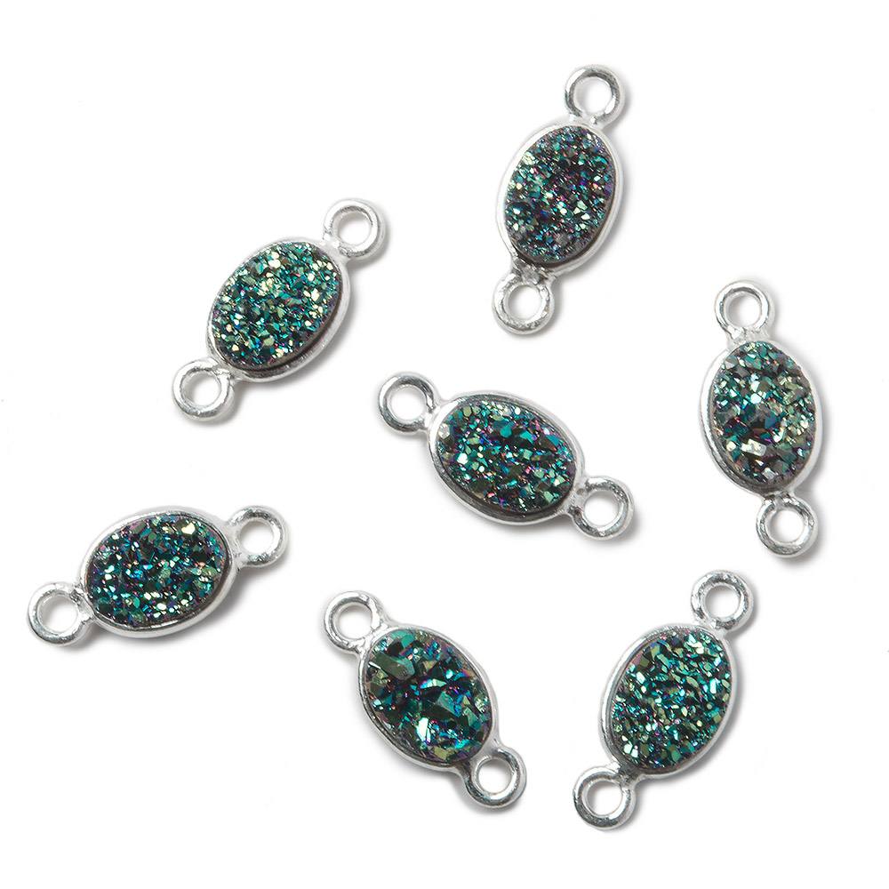 7x5mm Silver .925 Bezel Mystic Mermaid Green Drusy Oval Connector Set of 4 Pieces