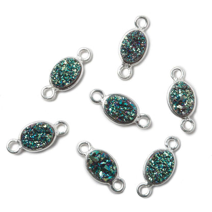 7x5mm Silver .925 Bezel Mystic Mermaid Green Drusy Oval Connector Set of 4 Pieces