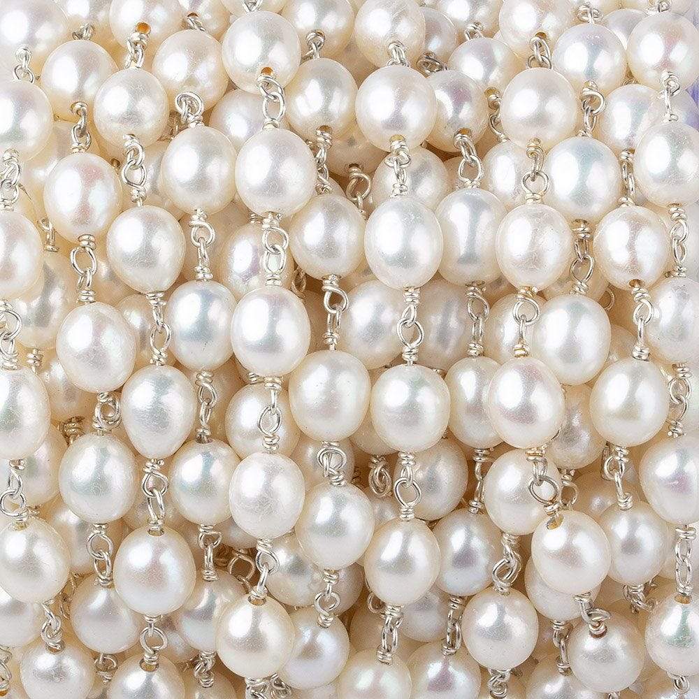 7x5mm White Oval Pearl .925 Sterling Silver Chain by the foot 22 pcs