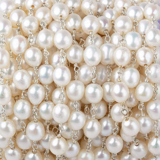 7x5mm White Oval Pearl .925 Sterling Silver Chain by the foot 22 pcs
