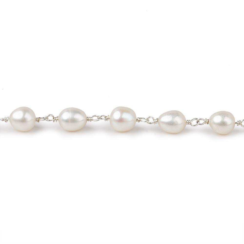 7x5mm White Oval Pearl .925 Sterling Silver Chain by the foot 22 pcs