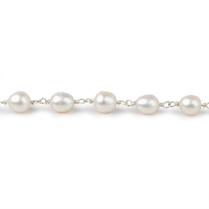 7x5mm White Oval Pearl .925 Sterling Silver Chain by the foot 22 pcs