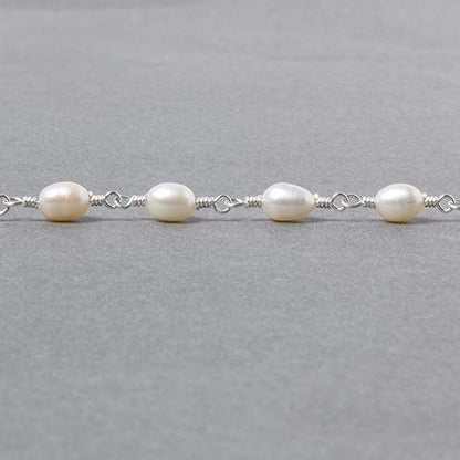 7x5mm White Oval Pearl .925 Sterling Silver Chain by the foot 22 pcs