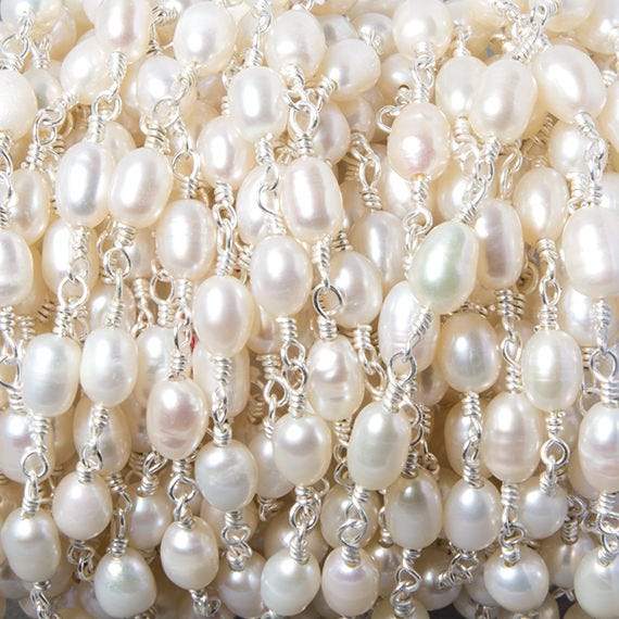 7x5mm White Oval Pearl .925 Sterling Silver Chain by the foot 22 pcs