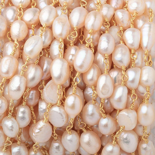 7x6-8x6mm Peach Baroque Pearls on Gold Plated Chain