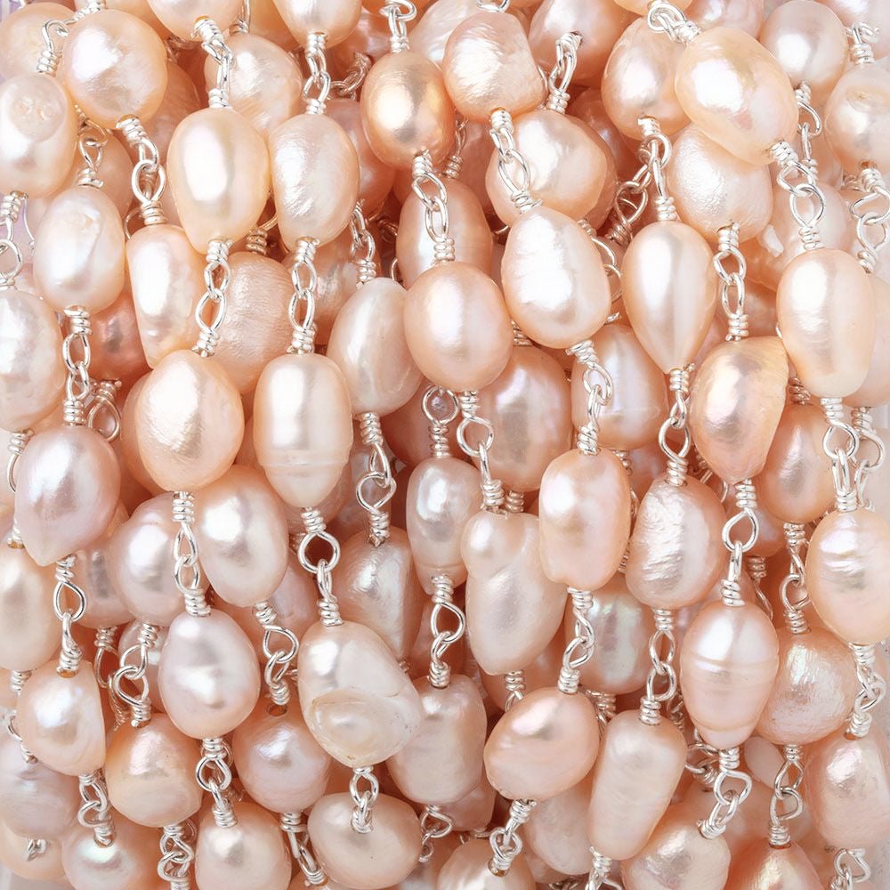 7x6-8x6mm Peach Baroque Pearls on Silver Plated Chain