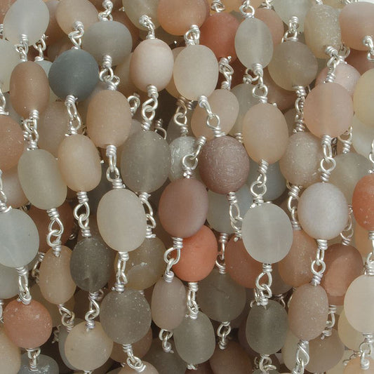 7x6-8x7mm Matte MultiColor Moonstone nugget Silver plated Chain by the foot with approximately 23 pcs