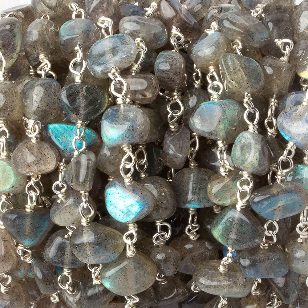 7x6-9x7mm Labradorite plain nugget .925 Silver chain by the foot 26 pcs