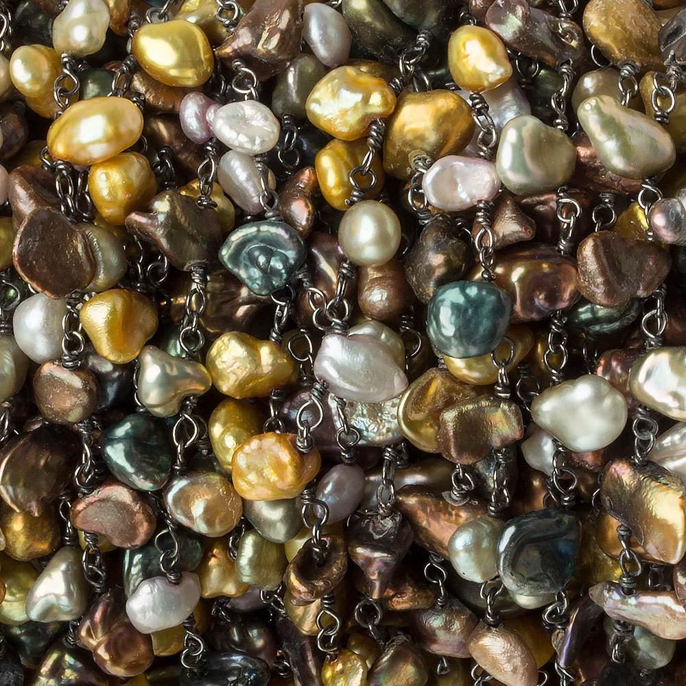 7x6mm Multi Color Top Drill Keshi Pearl Black Gold .925 Silver Chain