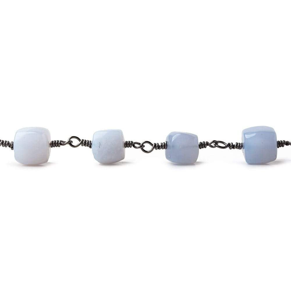 7- 7.5mm Turkish Blue Chalcedony plain cube Black Gold plated Chain by the foot
