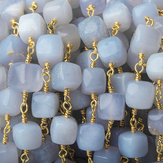 7x7-8.5x8.5mm Turkish Blue Chalcedony plain cube Gold plated Chain by the foot