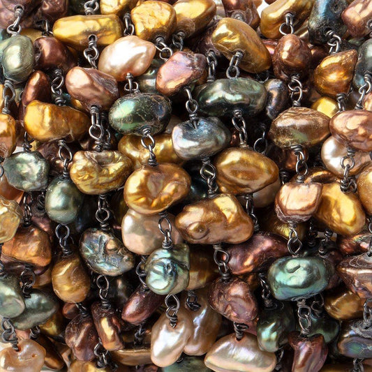 7x7-9x6mm Multi Color Keshi Pearls on Black Gold .925 Chain