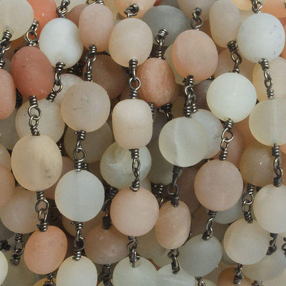 7x7-9x7mm Matte Multi Color Moonstone nugget Black Gold plated Chain by the foot with approximately 21 pcs