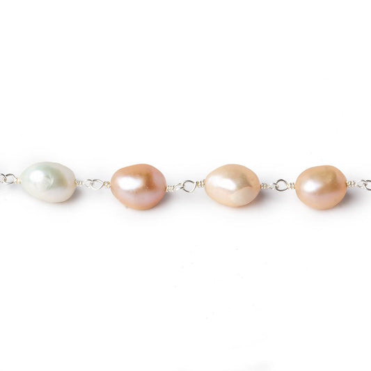 7x8-8x10mm TriColor Baroque Freshwater Pearl Silver .925 Chain by the foot